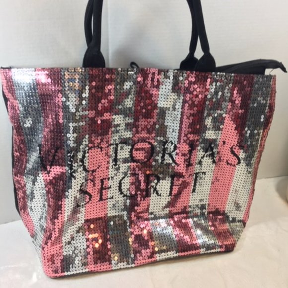 Victoria's Secret Extra Large Glam Sequined Canvas Zip Tote Travel Bag 21"x15" - Picture 3 of 9